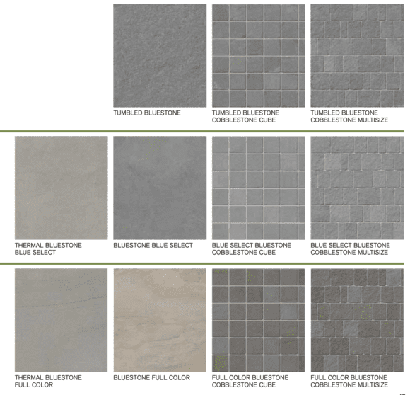 a variety of outdoor porcelain paver swatches in the bluestone collection