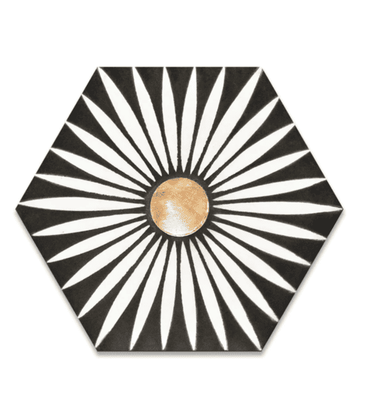 Rise Brass inlay Hexagon Cement Tile in black and white