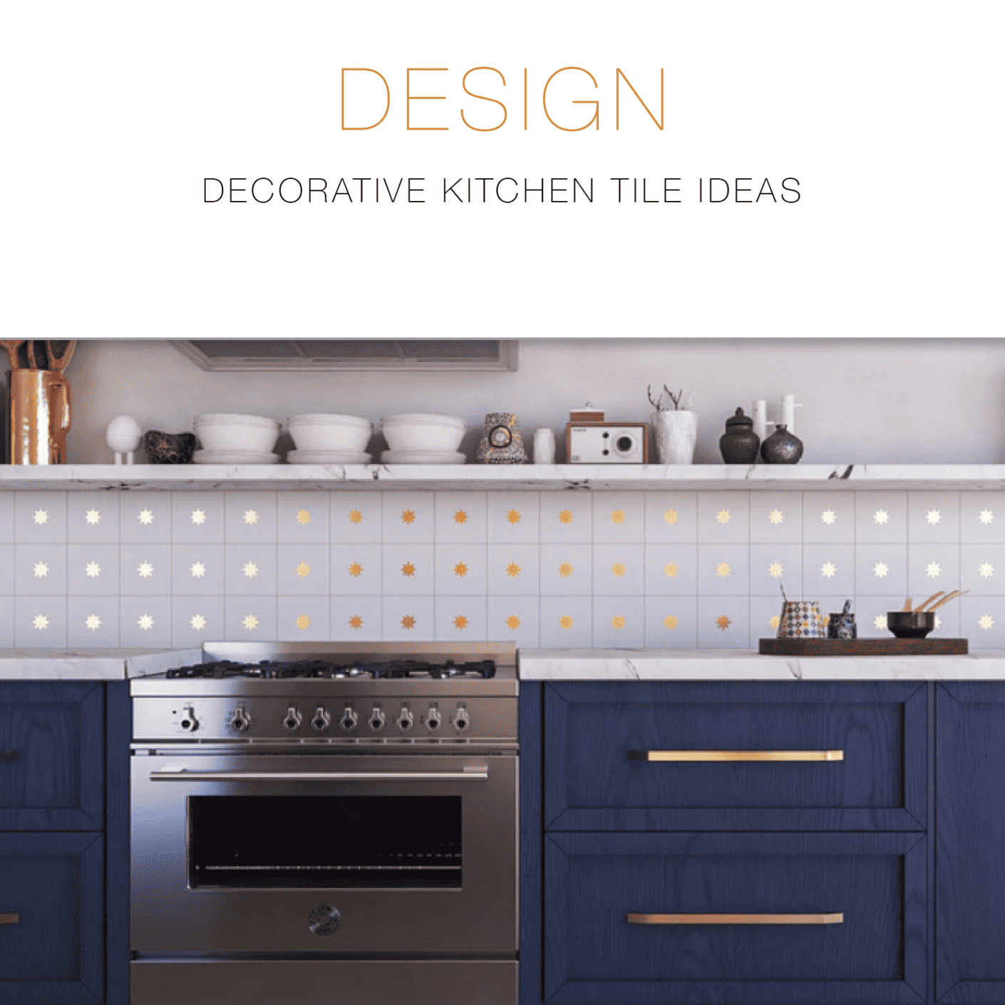 brass inlaid tile on kitchen backsplash with dark blue cabinets and open shelving