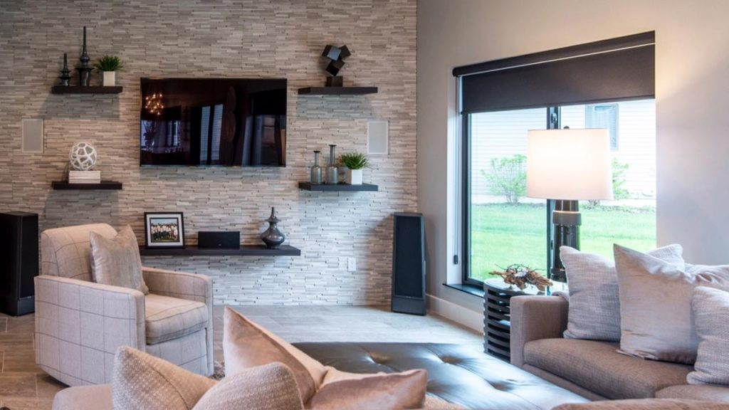 red living room stone accent wall