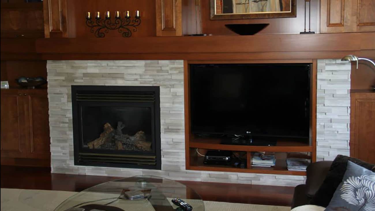 White Birch Ledgestone Fireplace and fireplace and Entertainment Wall
