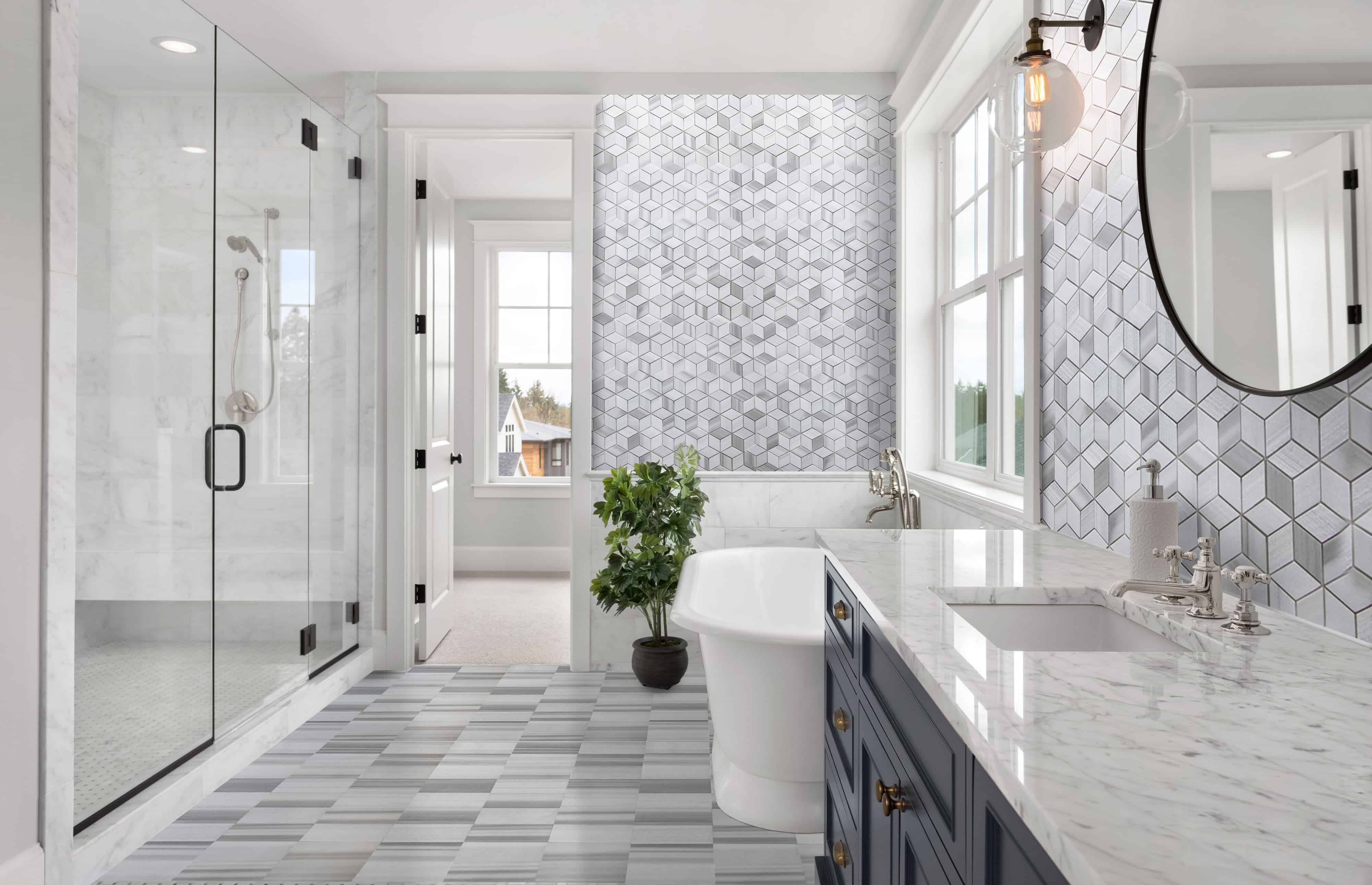 Marmos CChain Diamond Mosaic Bathroom Backsplash and Floors
