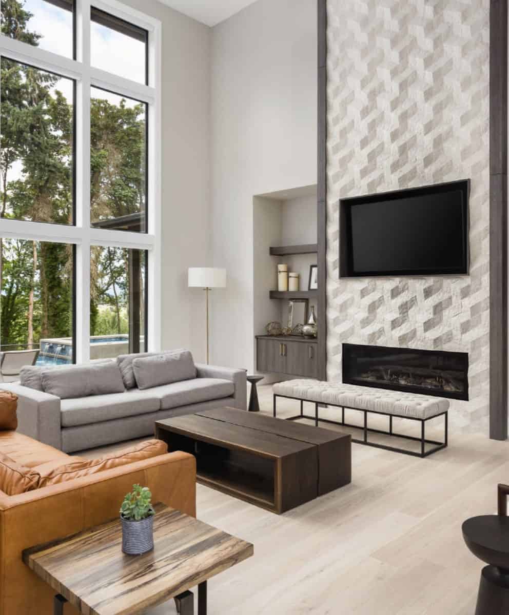 Hive Etched Cream Tiles Fireplace Living Room