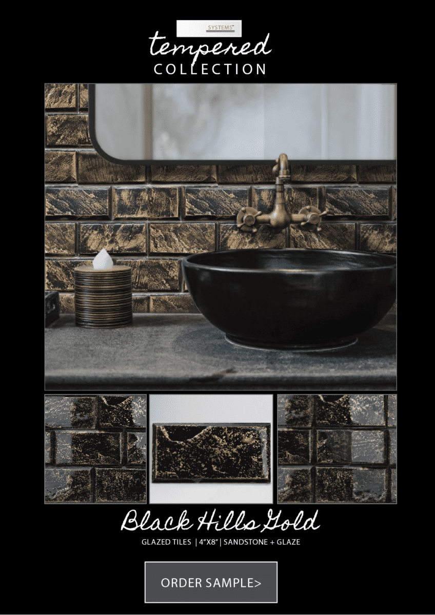metallic gold and black beveled tile bathroom backsplash