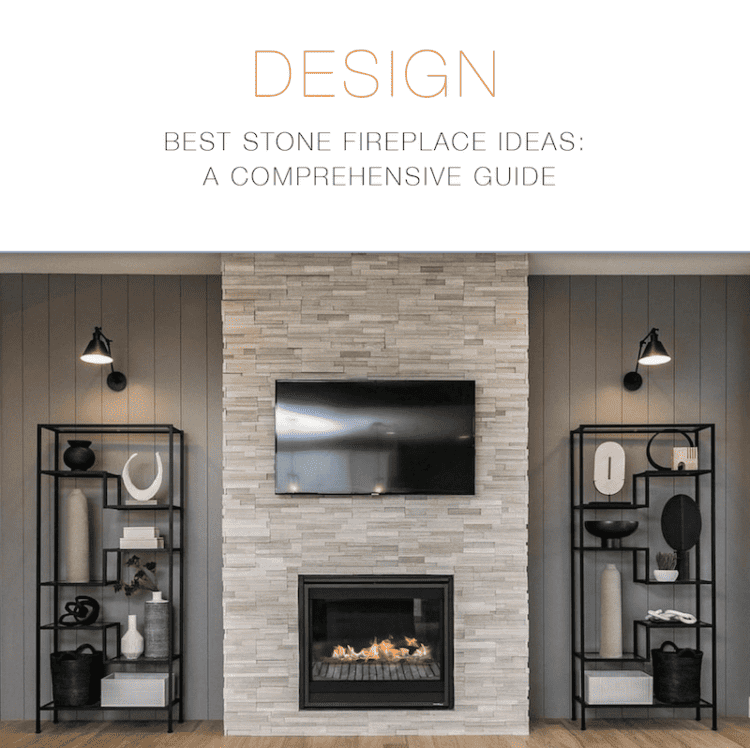 White stone fireplaces image with top lit bookshelves on either side