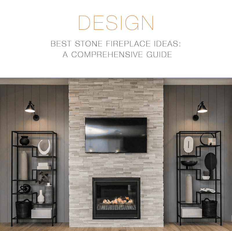 White stone fireplaces image with top lit bookshelves on either side