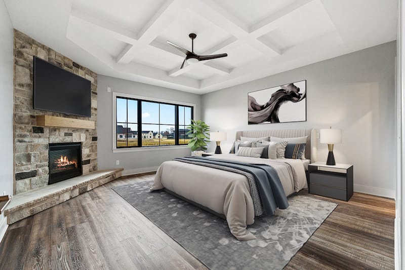 faux stone fireplace in bedroom