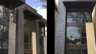 Modern office building with mocha natural stone veneer and roman beige natural stone veneer with textured grey brick