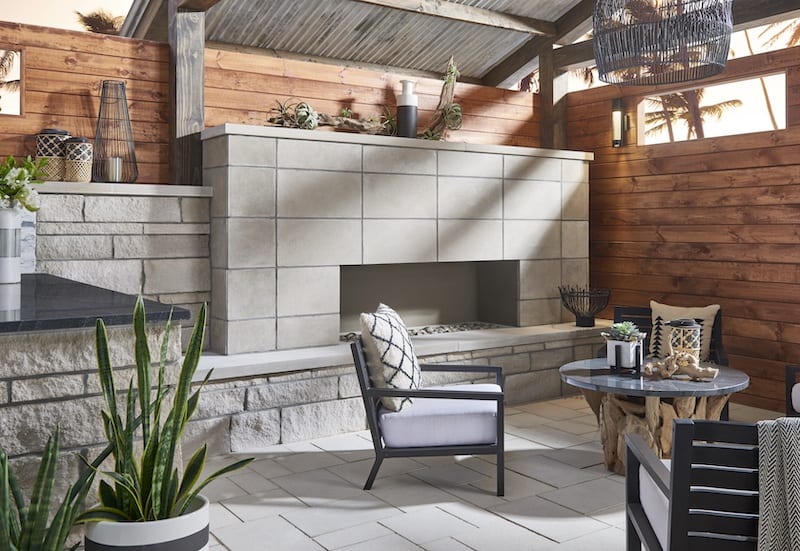 Indiana Limestone outdoor fireplace with hearth and clean modern design