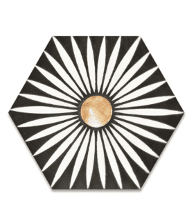 Rise Brass inlay Hexagon Cement Tile in black and white