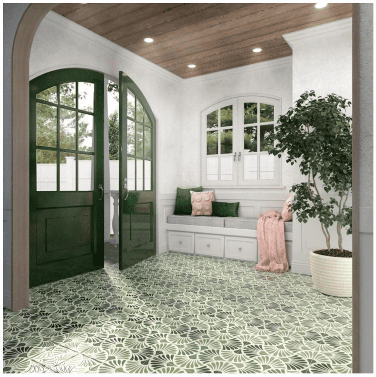 green floral 8” x 8” Cement Tile entryway floor green floral 8” x 8” Cement Tile floor in home entryway