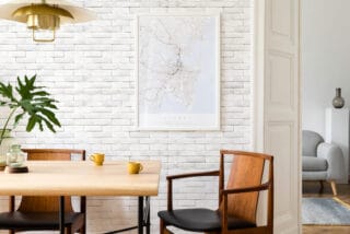 white washed brick veneer wall home interior mcm furniture