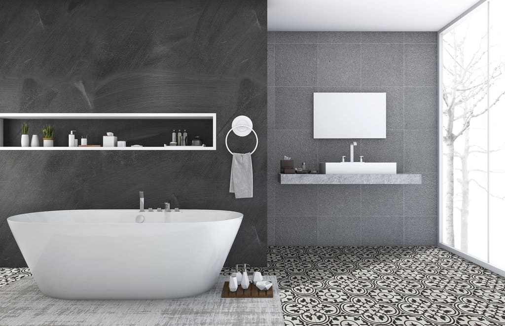 luxurious bathroom with cement tile floor in black and white pattern