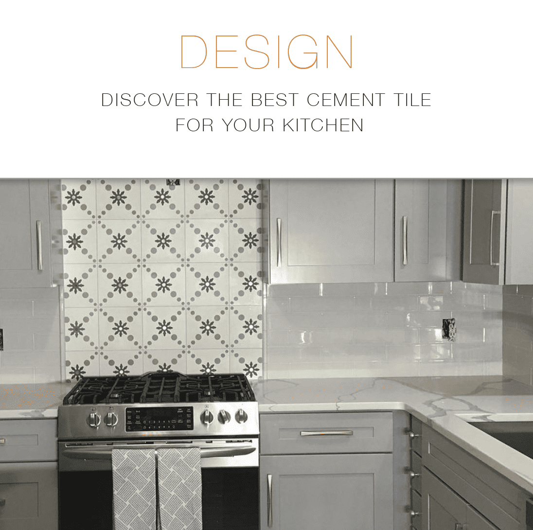 cement tile with bras inlay in a kitchen backsplash