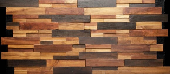 reclaimed wood strips wall cladding in contrasting colors