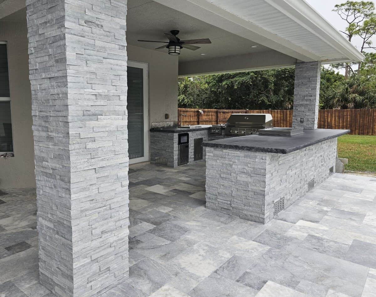 Realstone Pewter Ledgestone outdoor kitchen and columns