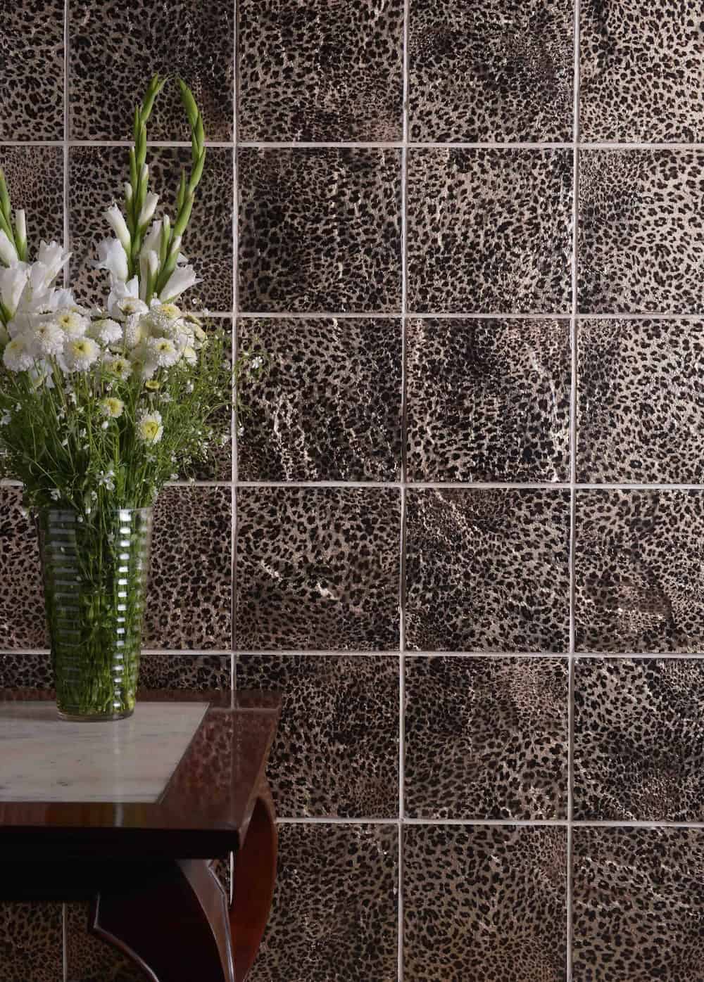 chetah print metallic stone tile accent wall