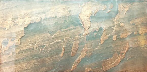 Realstone Tempered Azure extra large format tiles in turquoise and gold
