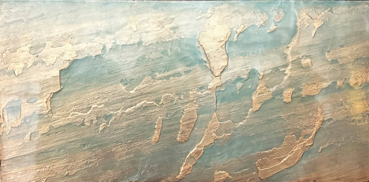Realstone Tempered Azure extra large format tiles in turquoise and gold