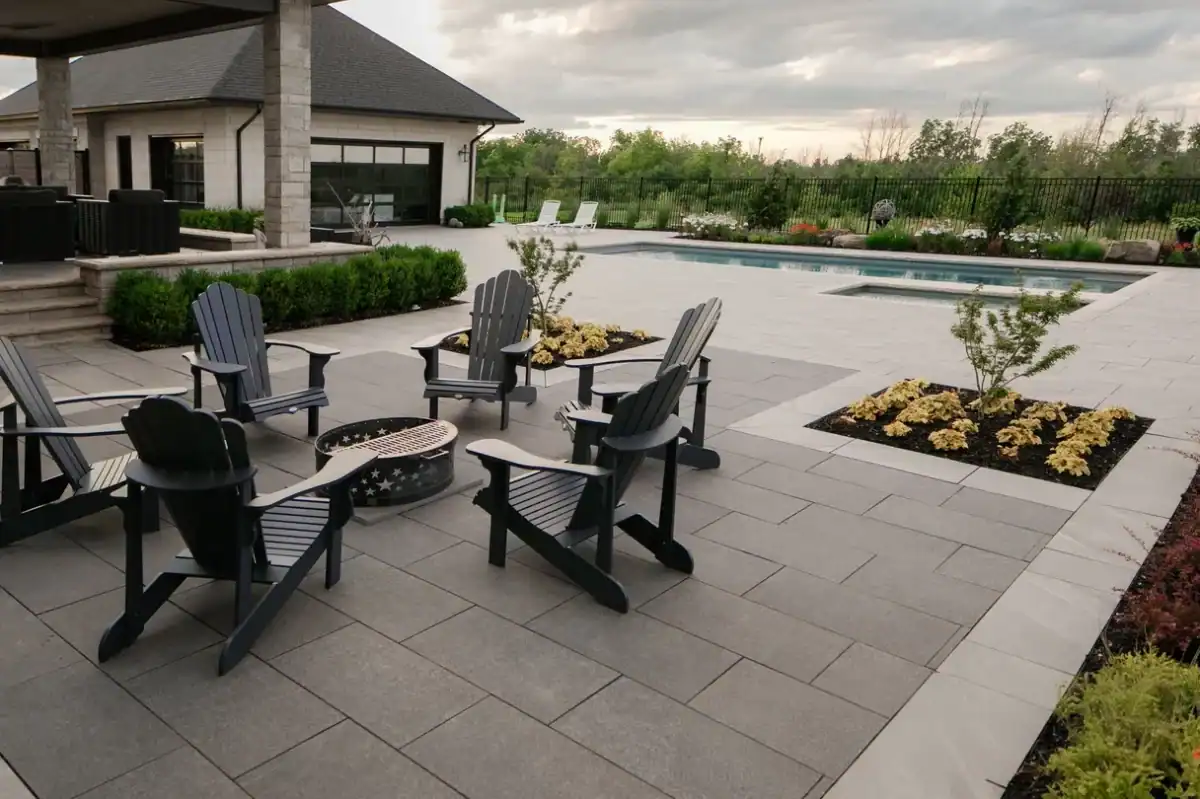 Black granite looking outdoor porcelain pavers used to finish an outdoor patio and adds a beautiful sparkle with the finish