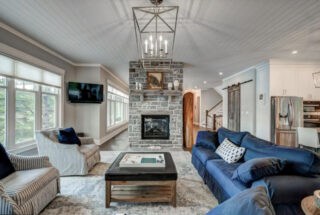 A darker grayed blue stone that has sawn edges for better fitting used indoors for a fireplace