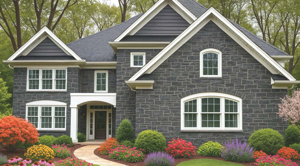 Sawn height loose stone Veneer in Black Granite with Mica sparkle and occasional Brown shading, split face with horizontal veining for an exterior