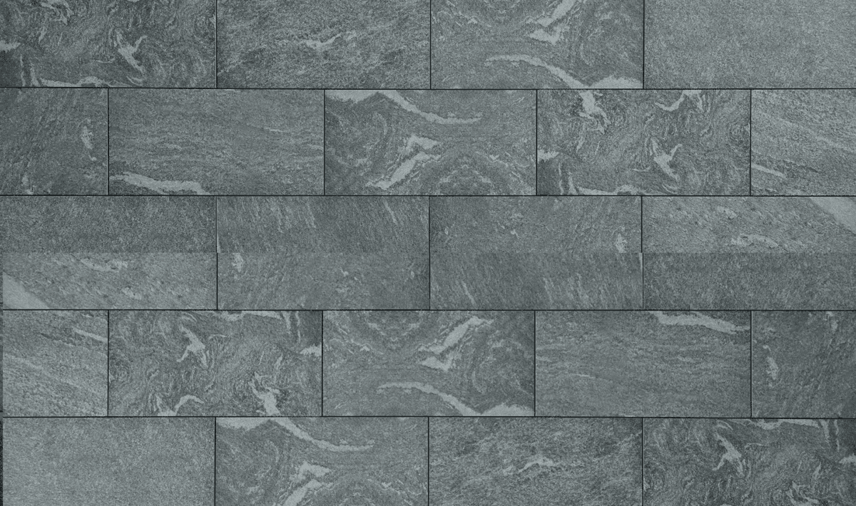 Heavily textured, gray to black outdoor porcelain pavers that have a premium look