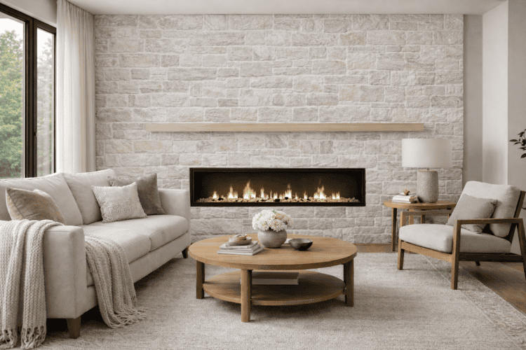 Modern floor-to-ceiling stone veneer fireplace in a contemporary living room with Rixxford Mist Ridge Natural Stone Veneer
