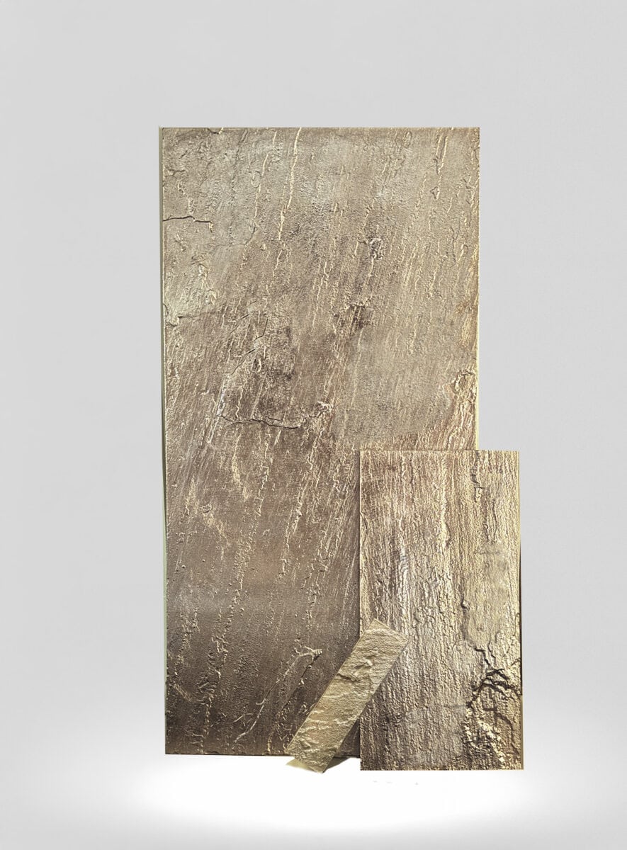 Tempered Pale Gold large format tile in three sizes including subway tile