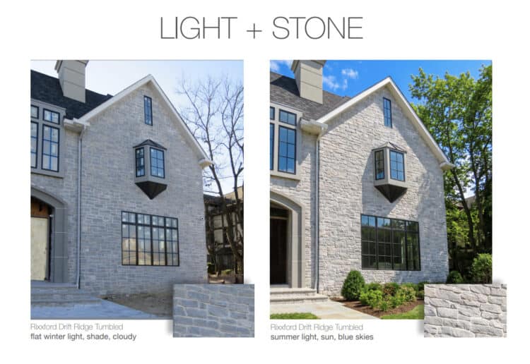 Natural stone veneer on a home exterior showing the stone in differnet light
