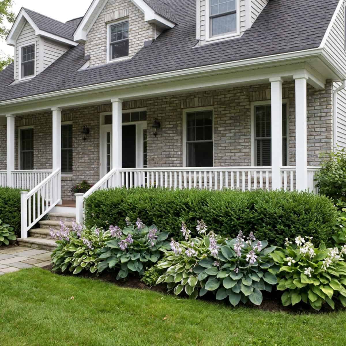 Beautiful house with stone and siding exterior, lush garden, and white porch railing.