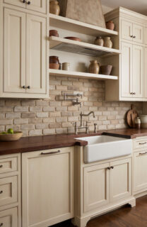 Kitchen featuring a rustic stone backsplash and farmhouse sink.