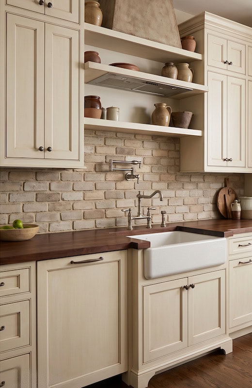 Kitchen featuring a rustic stone backsplash and farmhouse sink.