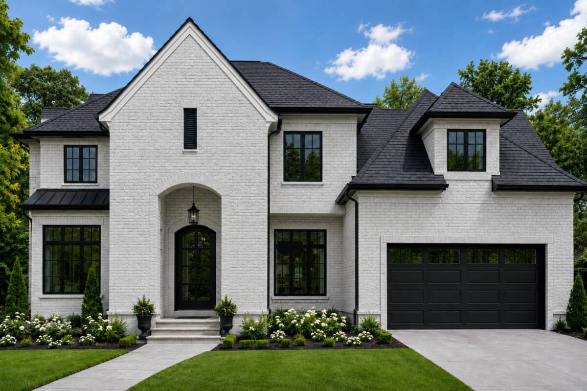 Luxury white brick house with black roof, large windows, and landscaped yard.
