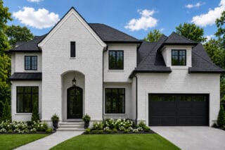 Luxury white brick house with black roof, large windows, and landscaped yard.